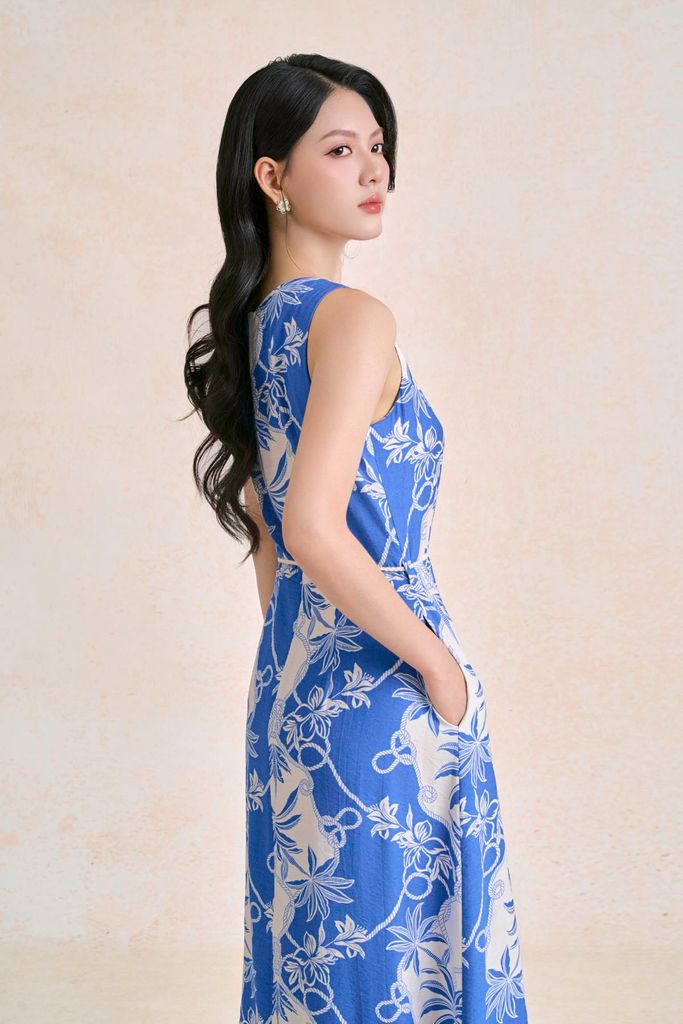 FDP33779 - Đầm dạo phố vải thô đũi dáng chữ A cổ tròn hoạ tiết thời trang - PANTIO