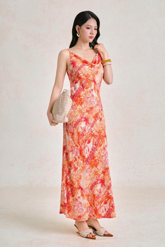 FDP33780 - Đầm dạo phố vải thô lụa dáng hai dây cổ đổ hoạ tiết thời trang - PANTIO