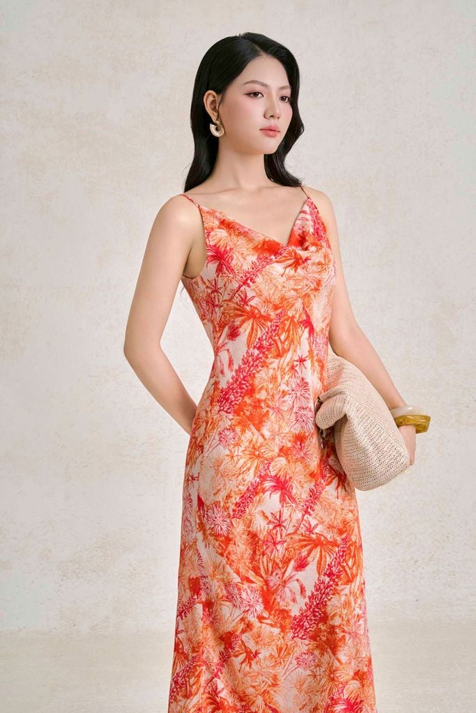 FDP33780 - Đầm dạo phố vải thô lụa dáng hai dây cổ đổ hoạ tiết thời trang - PANTIO