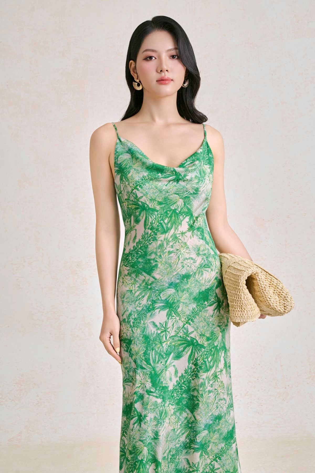 FDP33780 - Đầm dạo phố vải thô lụa dáng hai dây cổ đổ hoạ tiết thời trang - PANTIO