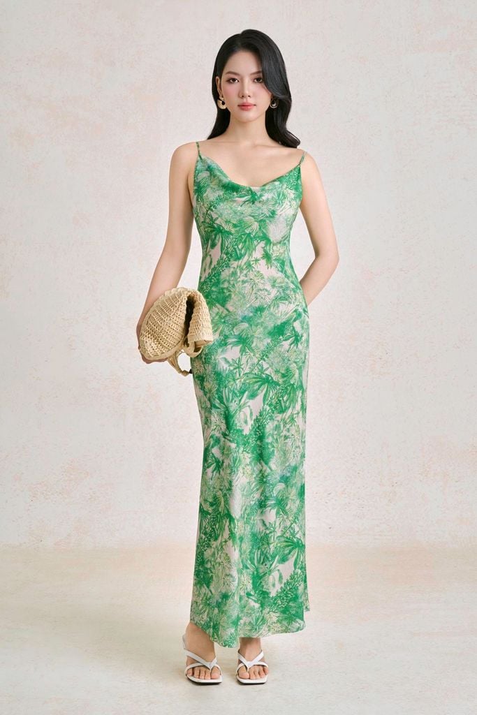 FDP33780 - Đầm dạo phố vải thô lụa dáng hai dây cổ đổ hoạ tiết thời trang - PANTIO