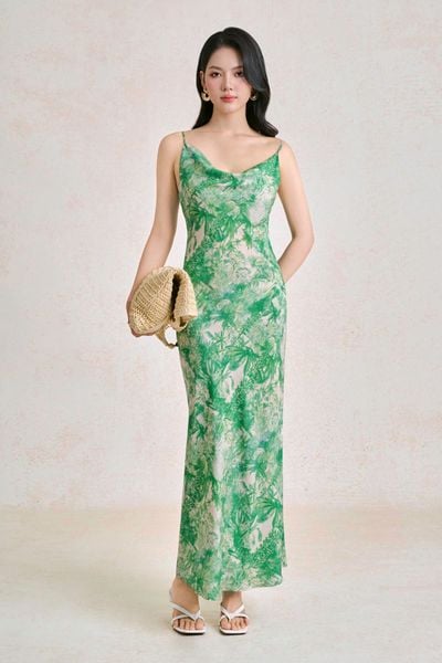 FDP33780 - Đầm dạo phố vải thô lụa dáng hai dây cổ đổ hoạ tiết thời trang - PANTIO