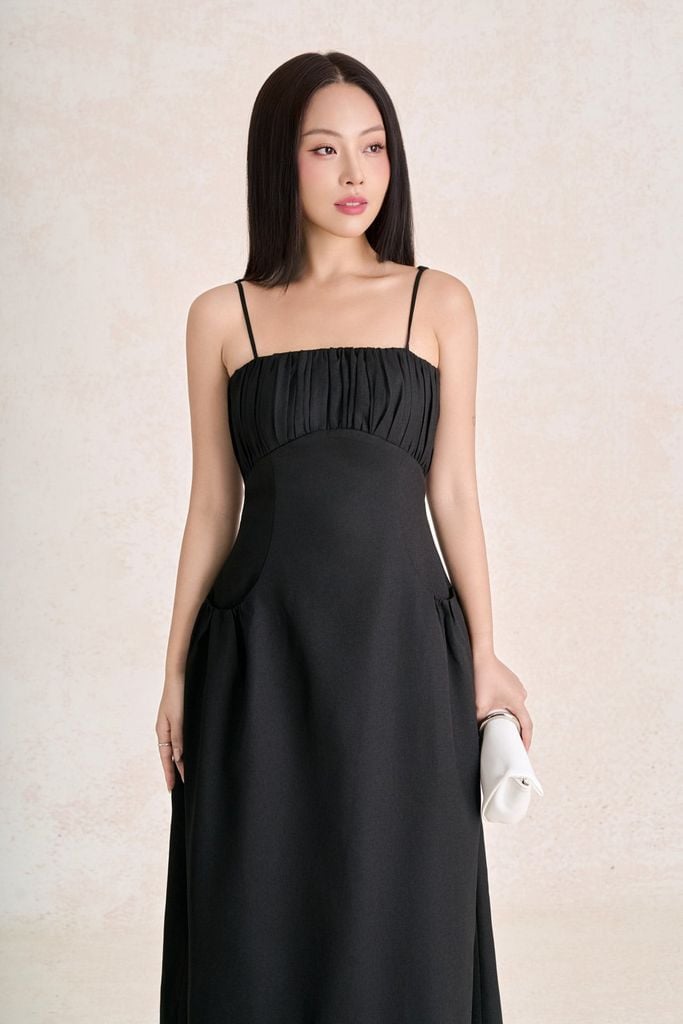 FDP33787 - Đầm dạo phố vải thô đũi dáng chữ A hai dây ngực phối nhún tạo kiểu khoá thân sau - PANTIO