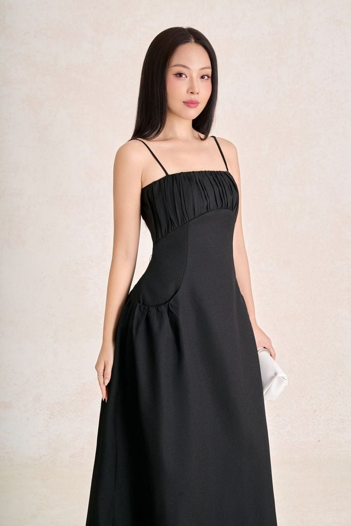 FDP33787 - Đầm dạo phố vải thô đũi dáng chữ A hai dây ngực phối nhún tạo kiểu khoá thân sau - PANTIO