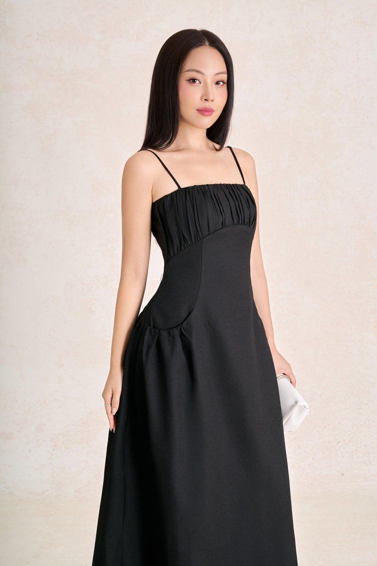 FDP33787 - Đầm dạo phố vải thô đũi dáng chữ A hai dây ngực phối nhún tạo kiểu khoá thân sau - PANTIO