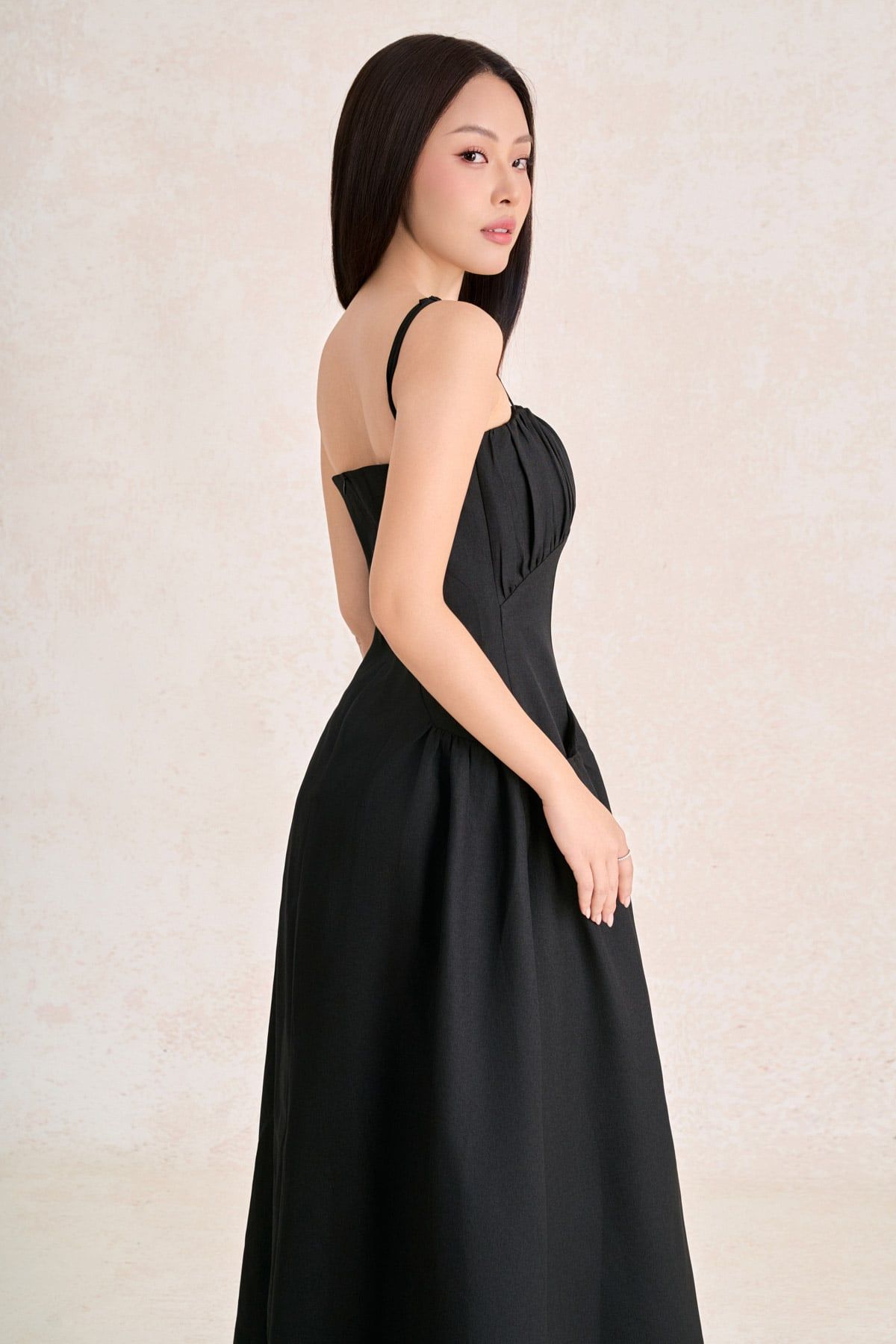 FDP33787 - Đầm dạo phố vải thô đũi dáng chữ A hai dây ngực phối nhún tạo kiểu khoá thân sau - PANTIO