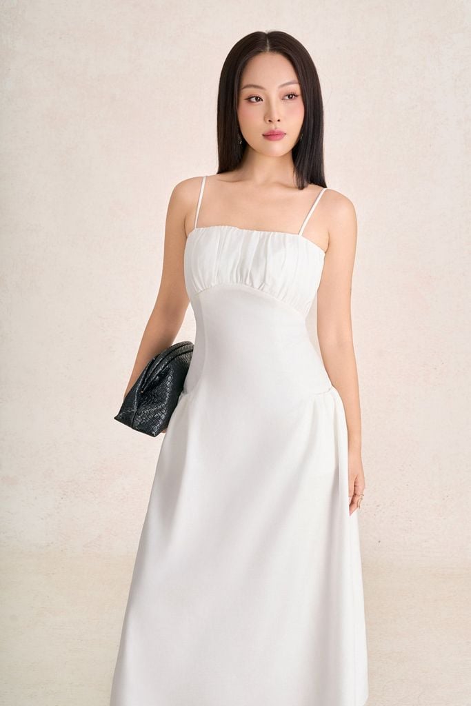 FDP33787 - Đầm dạo phố vải thô đũi dáng chữ A hai dây ngực phối nhún tạo kiểu khoá thân sau - PANTIO