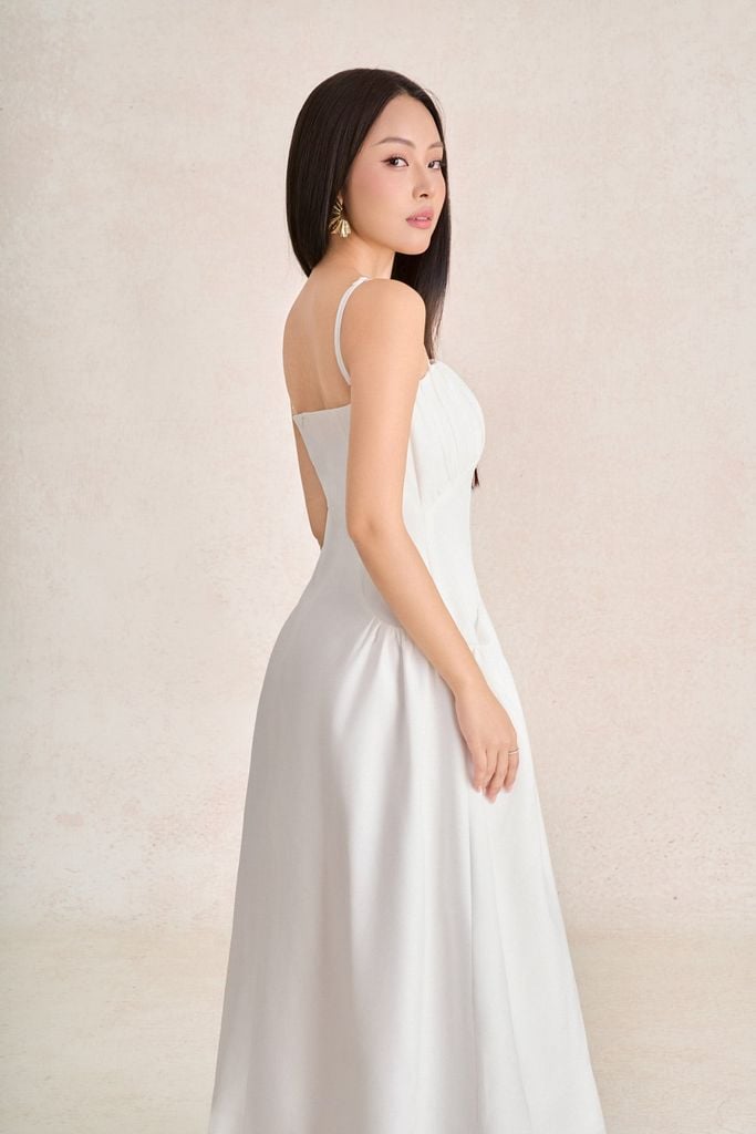 FDP33787 - Đầm dạo phố vải thô đũi dáng chữ A hai dây ngực phối nhún tạo kiểu khoá thân sau - PANTIO