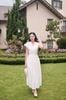 FDP33823 - Đầm dạo phố vải tơ nhăn dáng chữ A cổ V tay cộc eo váy phối nơ tạo kiểu khoá thân sau - JAN.