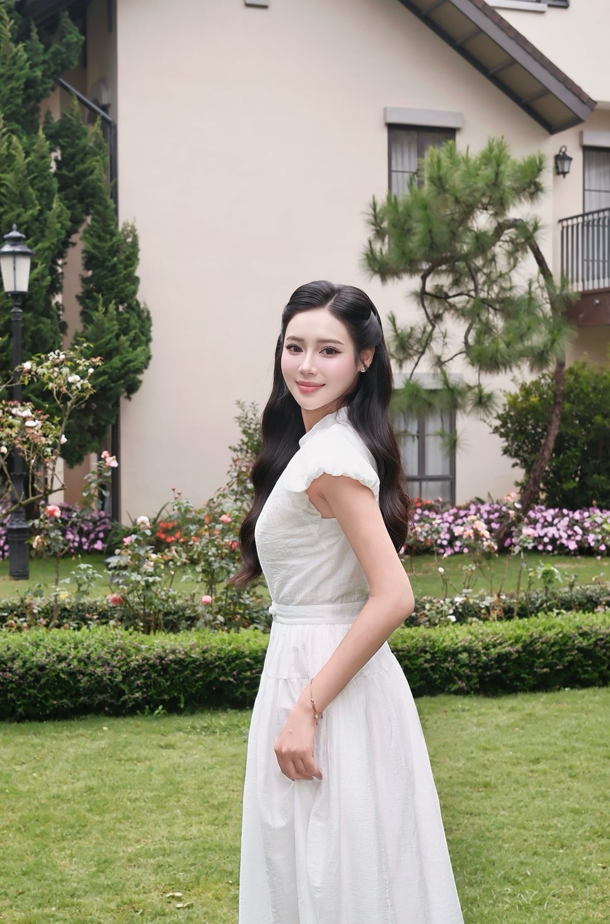 FDP33823 - Đầm dạo phố vải tơ nhăn dáng chữ A cổ V tay cộc eo váy phối nơ tạo kiểu khoá thân sau - JAN.
