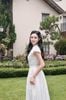 FDP33823 - Đầm dạo phố vải tơ nhăn dáng chữ A cổ V tay cộc eo váy phối nơ tạo kiểu khoá thân sau - JAN.