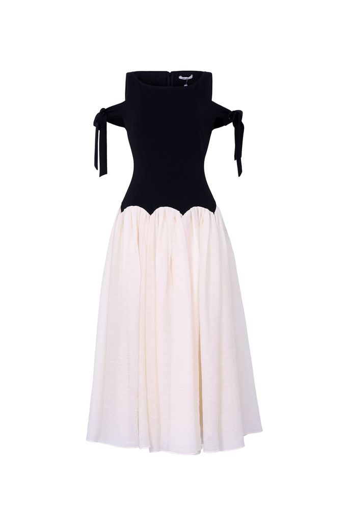 FDC55416 - Đầm công sở vải tơ dáng ôm cổ tròn vai phối dây thắt nơ tạo kiểu thân váy xòe đổ ly tạo kiểu khóa thân sau - JAN.