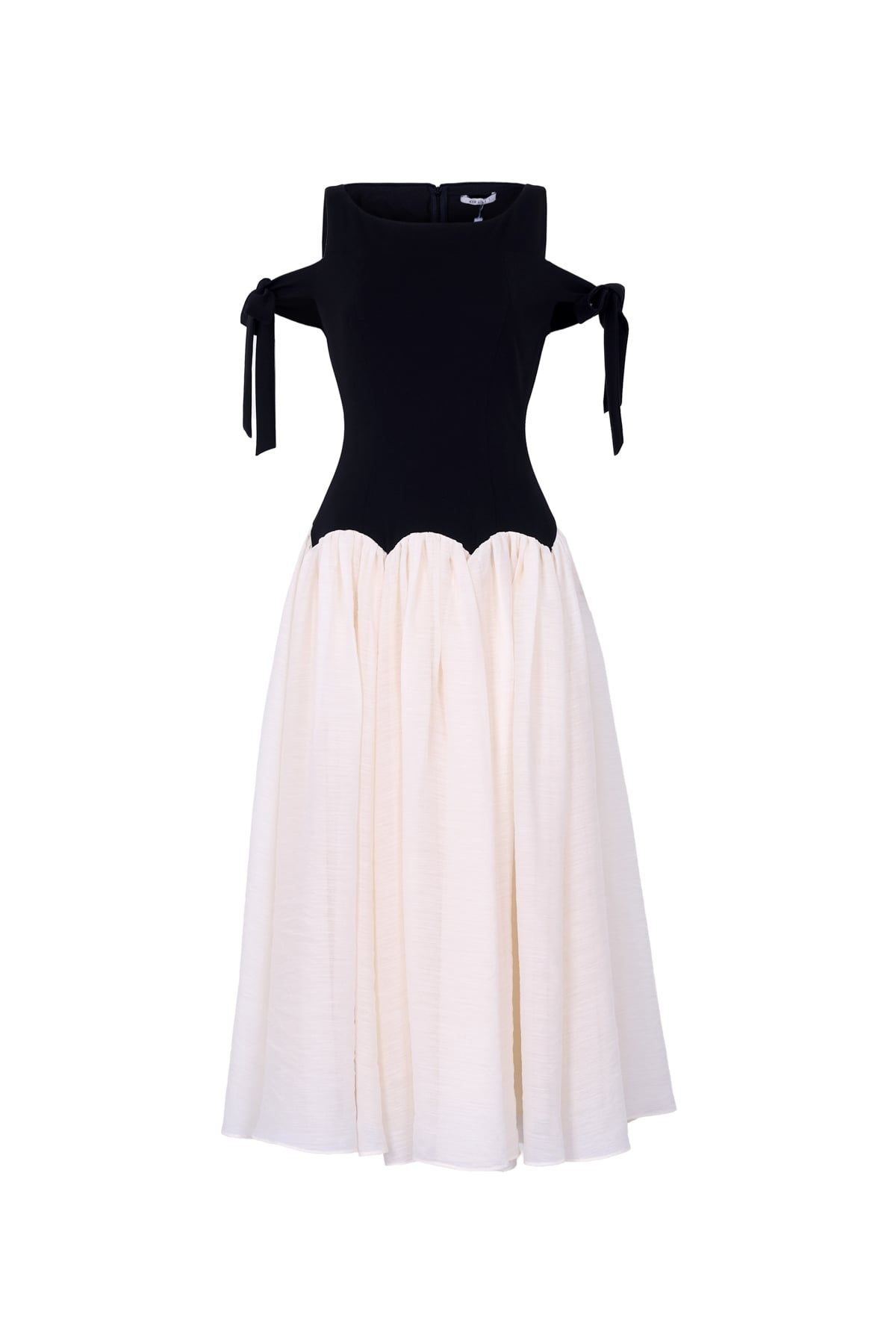 FDC55416 - Đầm công sở vải tơ dáng ôm cổ tròn vai phối dây thắt nơ tạo kiểu thân váy xòe đổ ly tạo kiểu khóa thân sau - JAN.