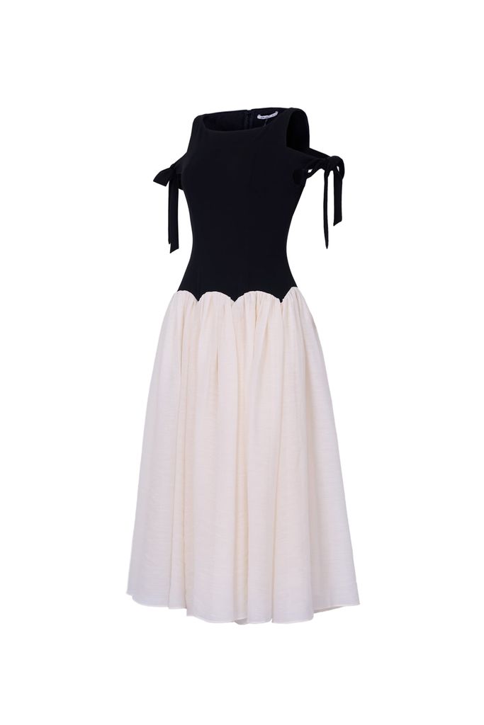 FDC55416 - Đầm công sở vải tơ dáng ôm cổ tròn vai phối dây thắt nơ tạo kiểu thân váy xòe đổ ly tạo kiểu khóa thân sau - JAN.