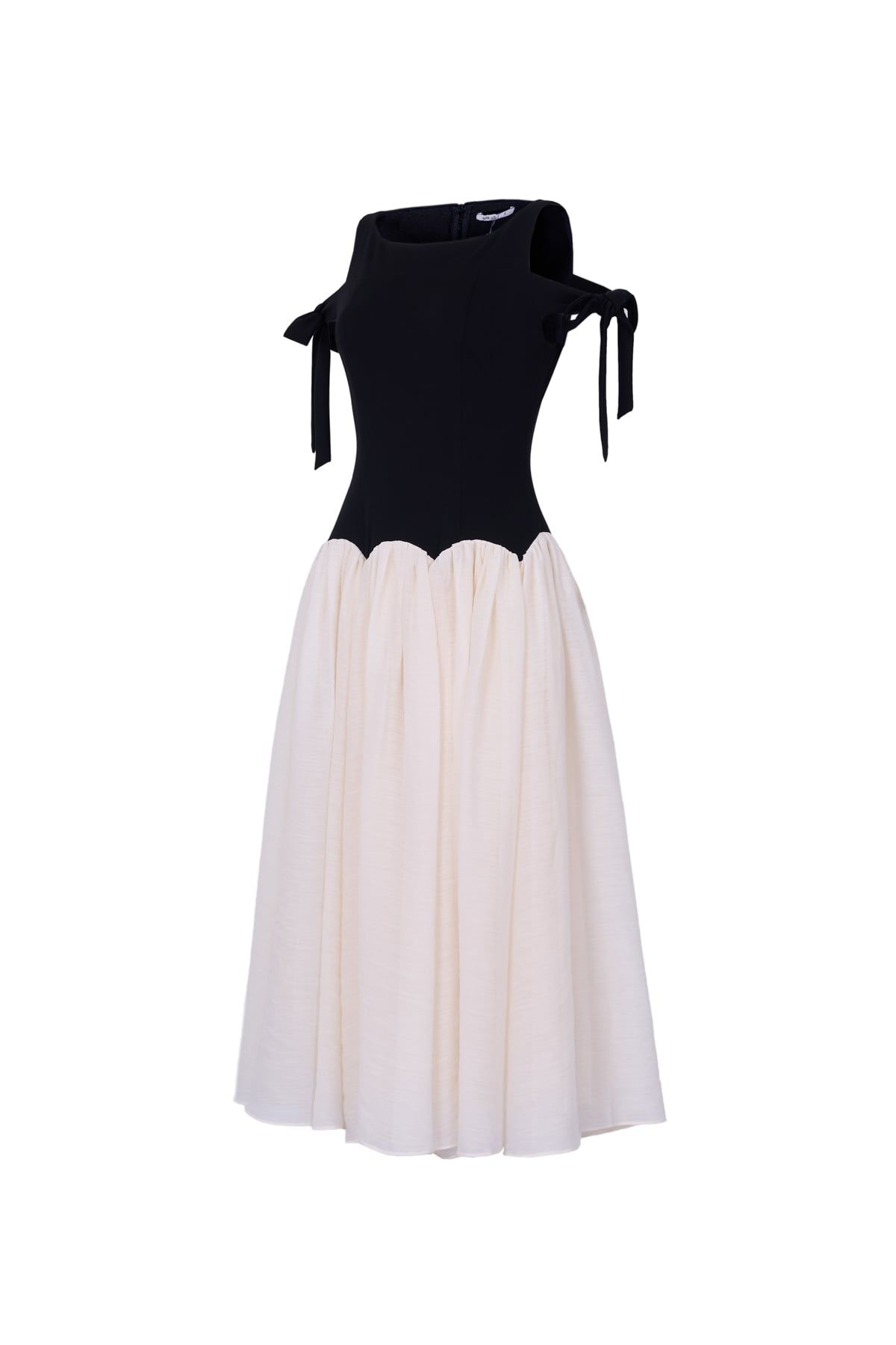 FDC55416 - Đầm công sở vải tơ dáng ôm cổ tròn vai phối dây thắt nơ tạo kiểu thân váy xòe đổ ly tạo kiểu khóa thân sau - JAN.