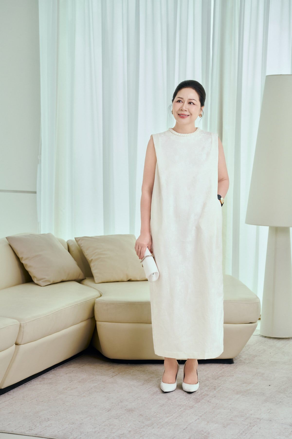 FDP73585 - Đầm dạo phố vải tafta hoa cổ tết tạo kiểu thân váy dáng suông rộng thời trang - PANTIO