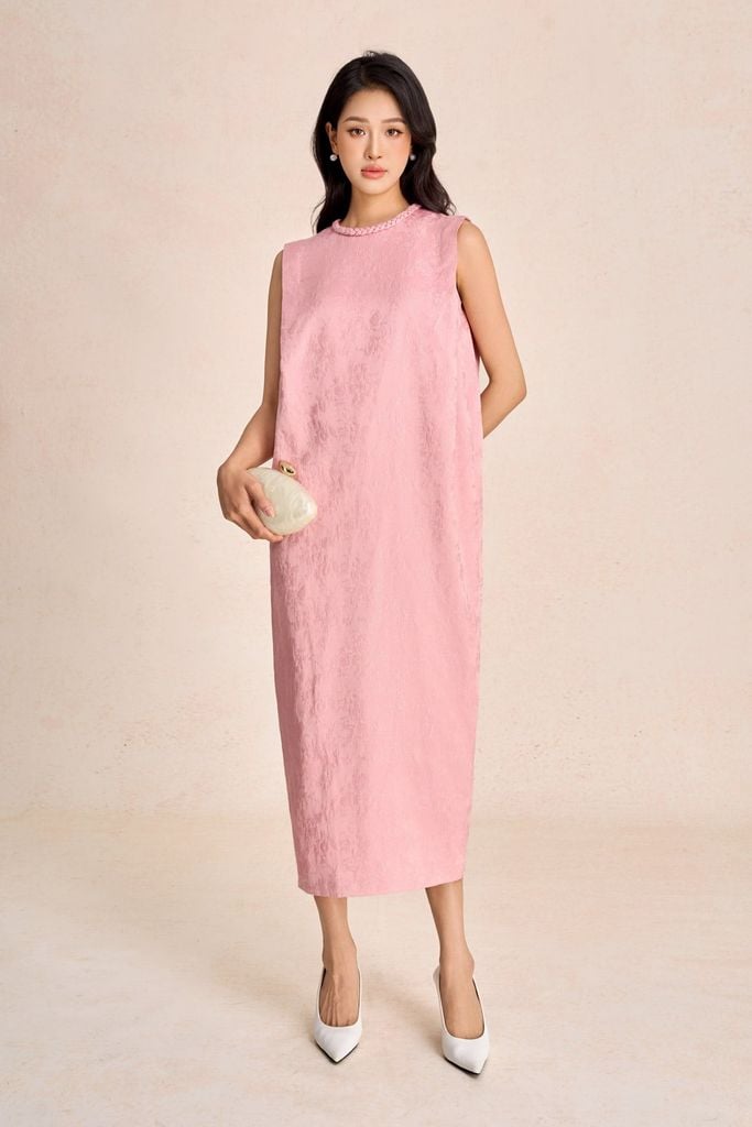 FDP73585 - Đầm dạo phố vải tafta hoa cổ tết tạo kiểu thân váy dáng suông rộng thời trang - PANTIO