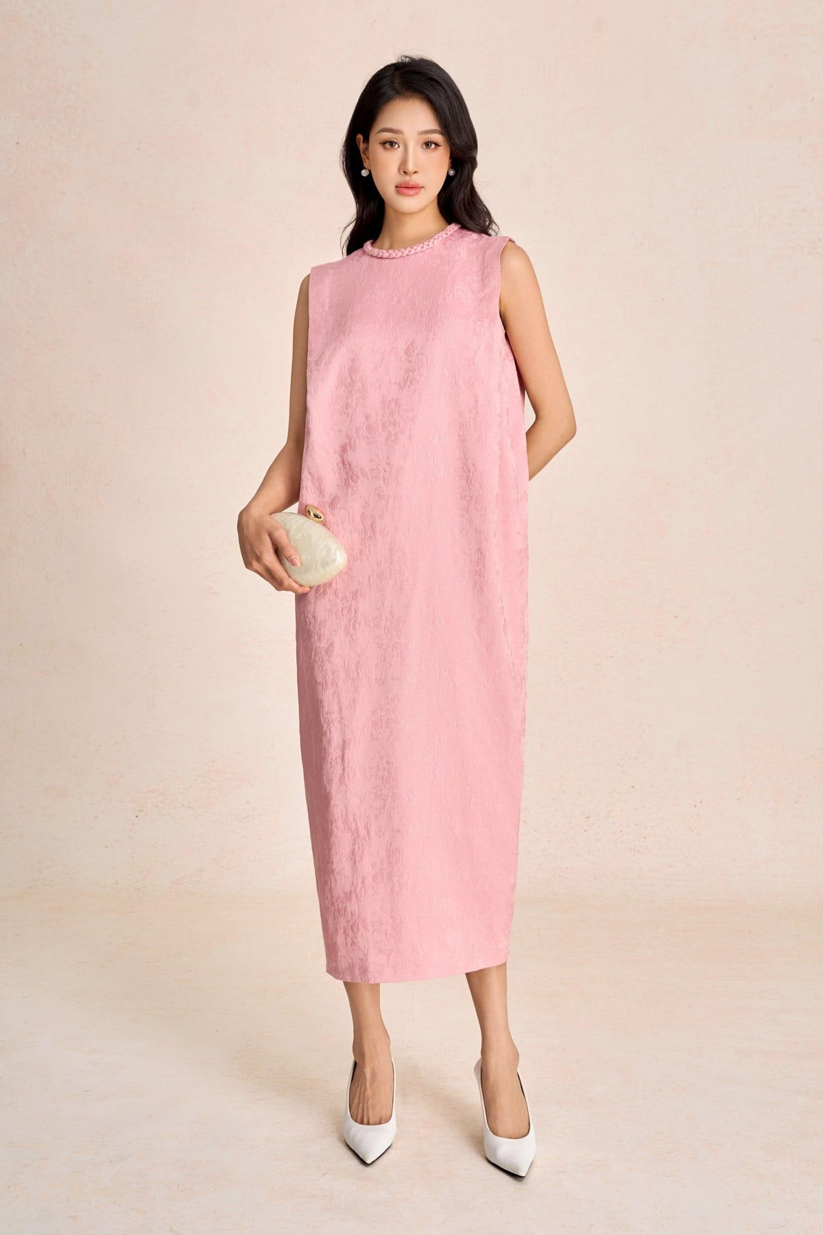 FDP73585 - Đầm dạo phố vải tafta hoa cổ tết tạo kiểu thân váy dáng suông rộng thời trang - PANTIO