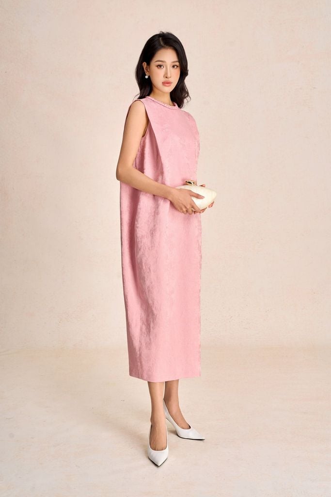 FDP73585 - Đầm dạo phố vải tafta hoa cổ tết tạo kiểu thân váy dáng suông rộng thời trang - PANTIO