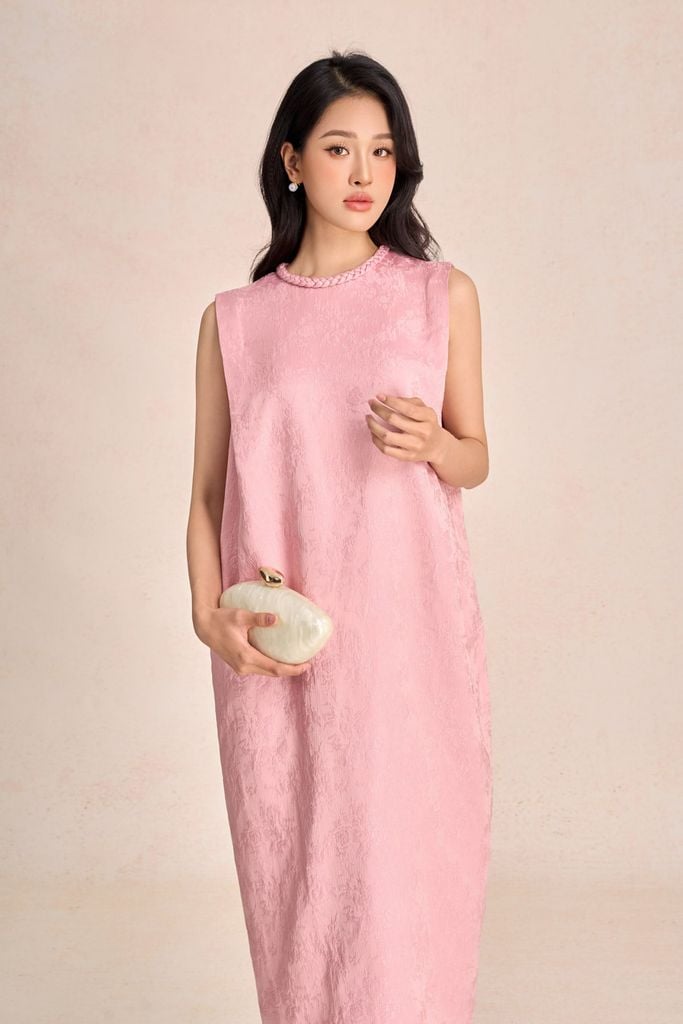 FDP73585 - Đầm dạo phố vải tafta hoa cổ tết tạo kiểu thân váy dáng suông rộng thời trang - PANTIO