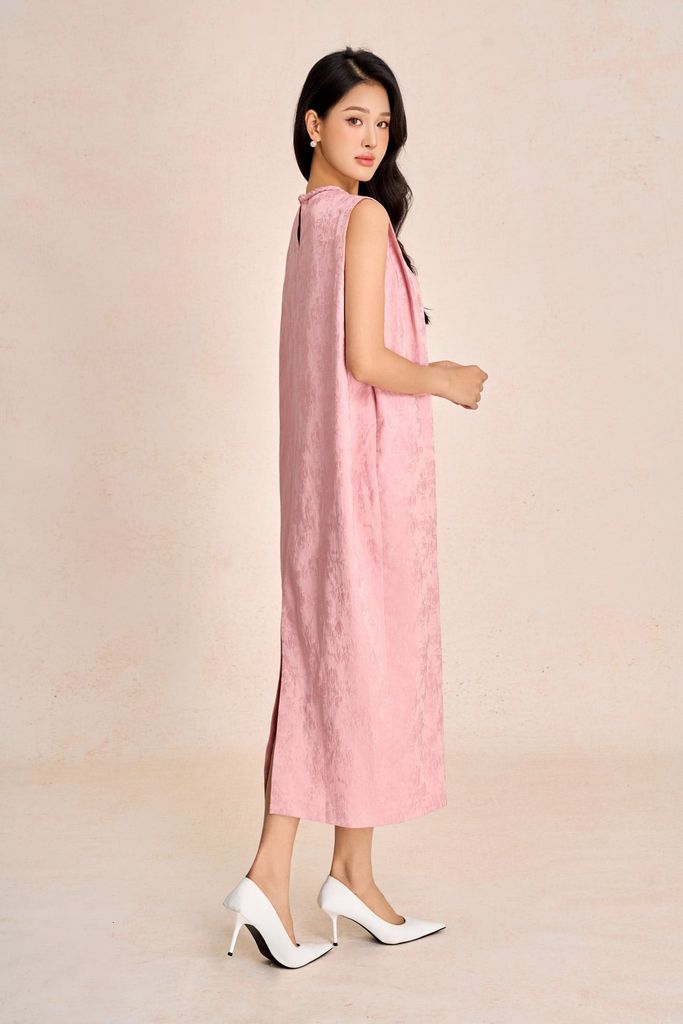 FDP73585 - Đầm dạo phố vải tafta hoa cổ tết tạo kiểu thân váy dáng suông rộng thời trang - PANTIO