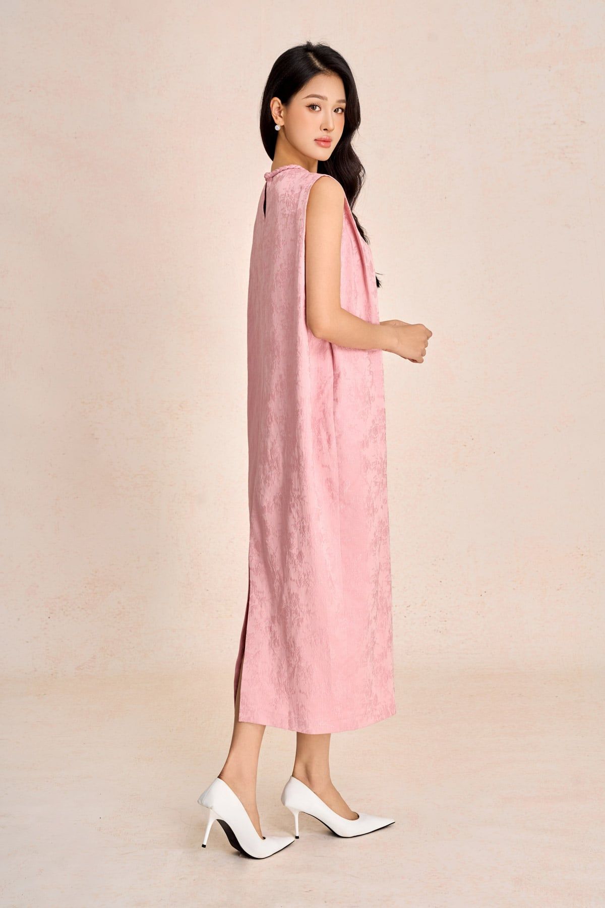 FDP73585 - Đầm dạo phố vải tafta hoa cổ tết tạo kiểu thân váy dáng suông rộng thời trang - PANTIO