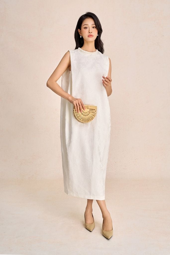 FDP73585 - Đầm dạo phố vải tafta hoa cổ tết tạo kiểu thân váy dáng suông rộng thời trang - PANTIO