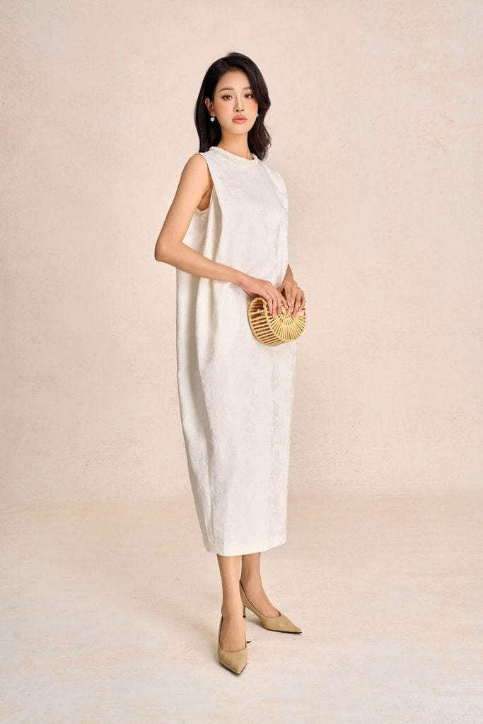 FDP73585 - Đầm dạo phố vải tafta hoa cổ tết tạo kiểu thân váy dáng suông rộng thời trang - PANTIO