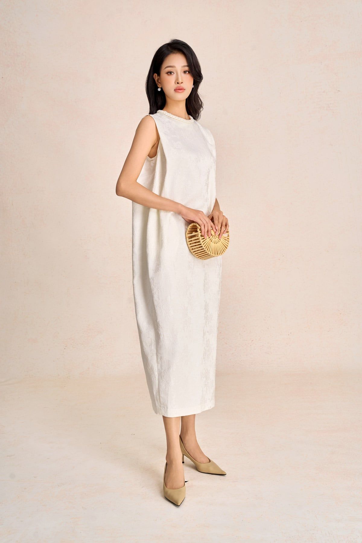 FDP73585 - Đầm dạo phố vải tafta hoa cổ tết tạo kiểu thân váy dáng suông rộng thời trang - PANTIO