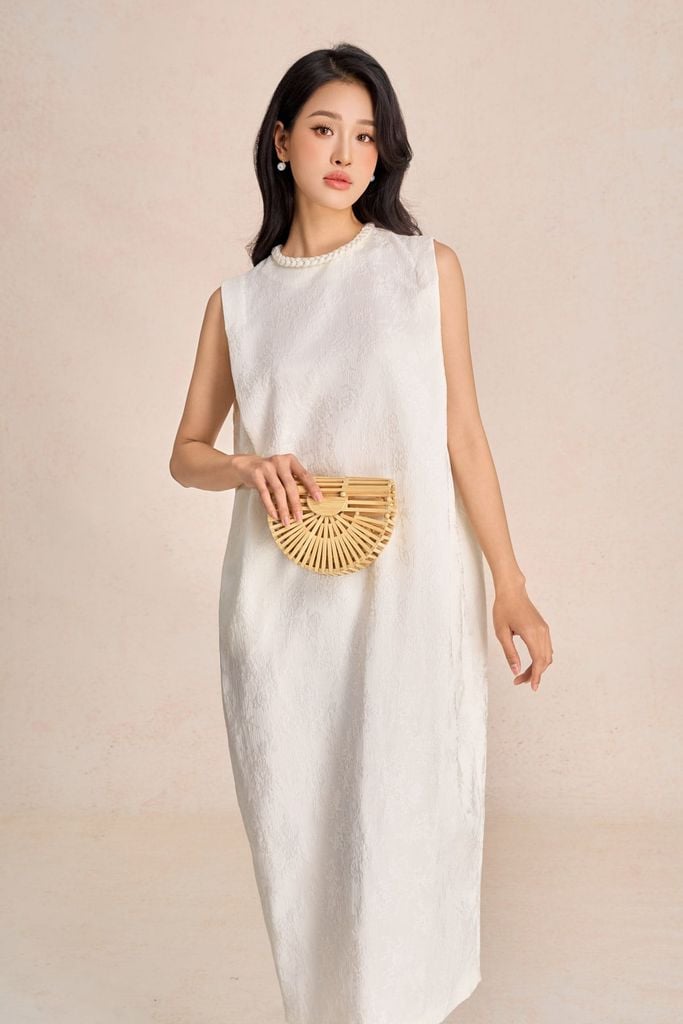 FDP73585 - Đầm dạo phố vải tafta hoa cổ tết tạo kiểu thân váy dáng suông rộng thời trang - PANTIO