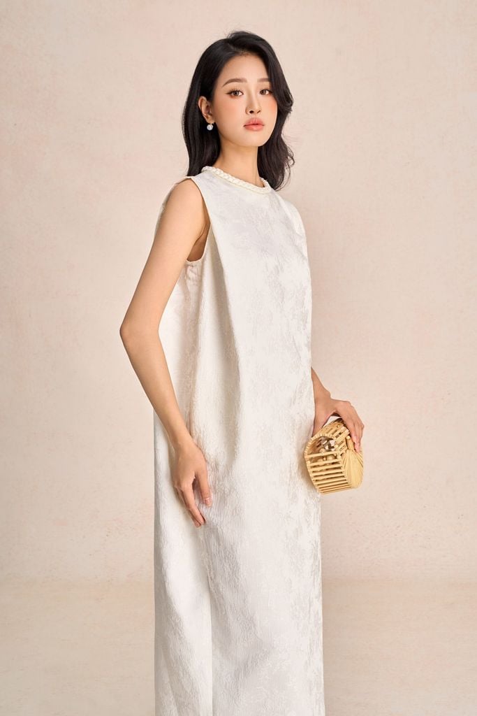 FDP73585 - Đầm dạo phố vải tafta hoa cổ tết tạo kiểu thân váy dáng suông rộng thời trang - PANTIO