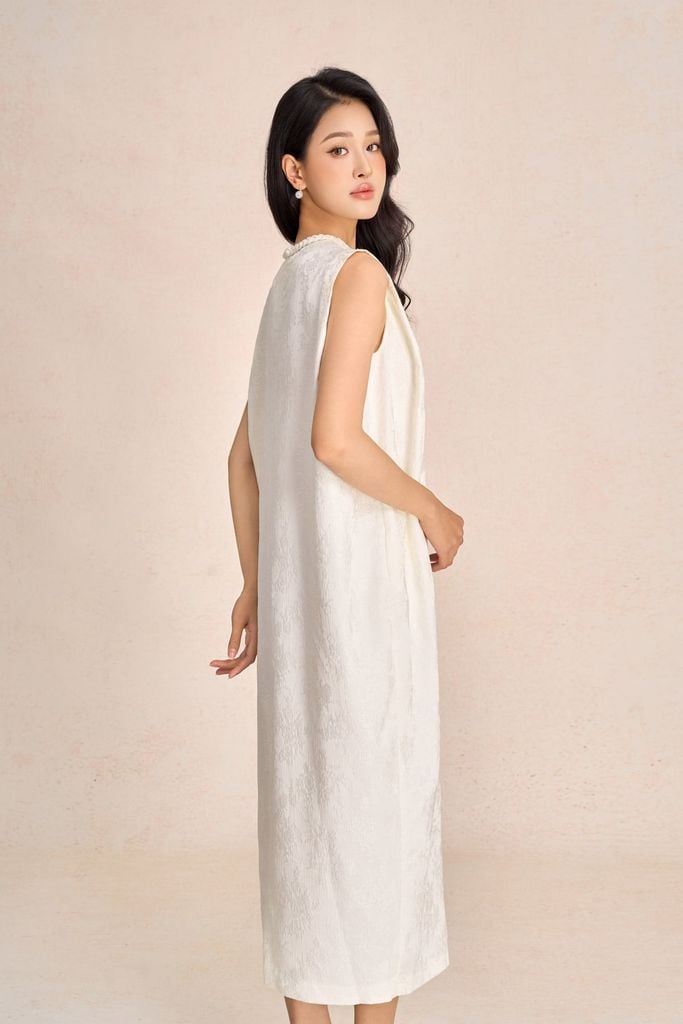 FDP73585 - Đầm dạo phố vải tafta hoa cổ tết tạo kiểu thân váy dáng suông rộng thời trang - PANTIO