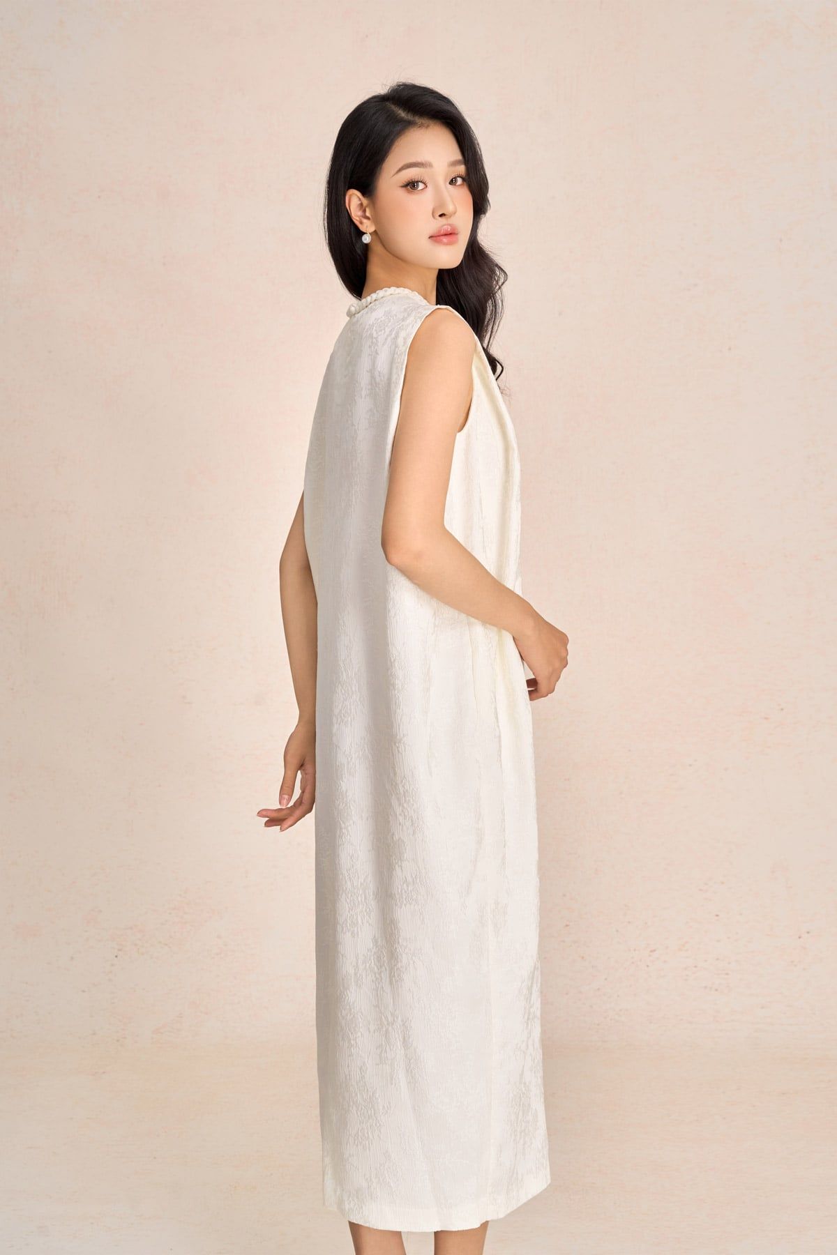 FDP73585 - Đầm dạo phố vải tafta hoa cổ tết tạo kiểu thân váy dáng suông rộng thời trang - PANTIO