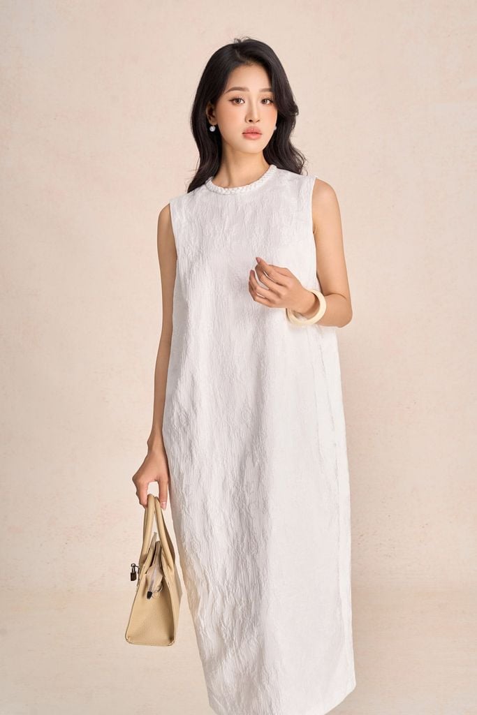 FDP73585 - Đầm dạo phố vải tafta hoa cổ tết tạo kiểu thân váy dáng suông rộng thời trang - PANTIO