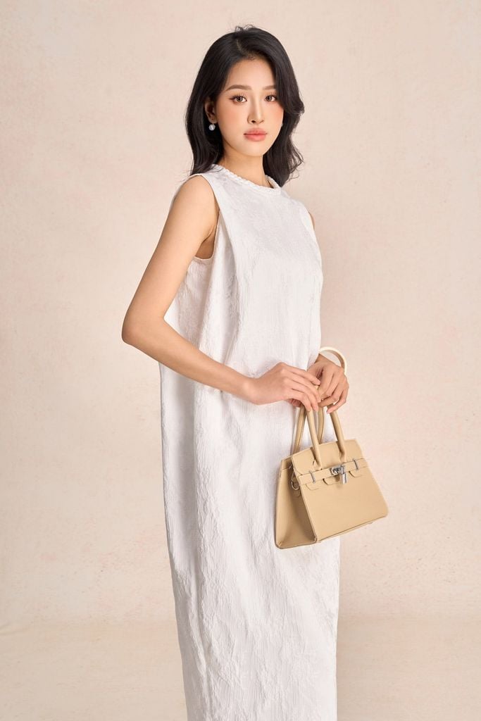 FDP73585 - Đầm dạo phố vải tafta hoa cổ tết tạo kiểu thân váy dáng suông rộng thời trang - PANTIO