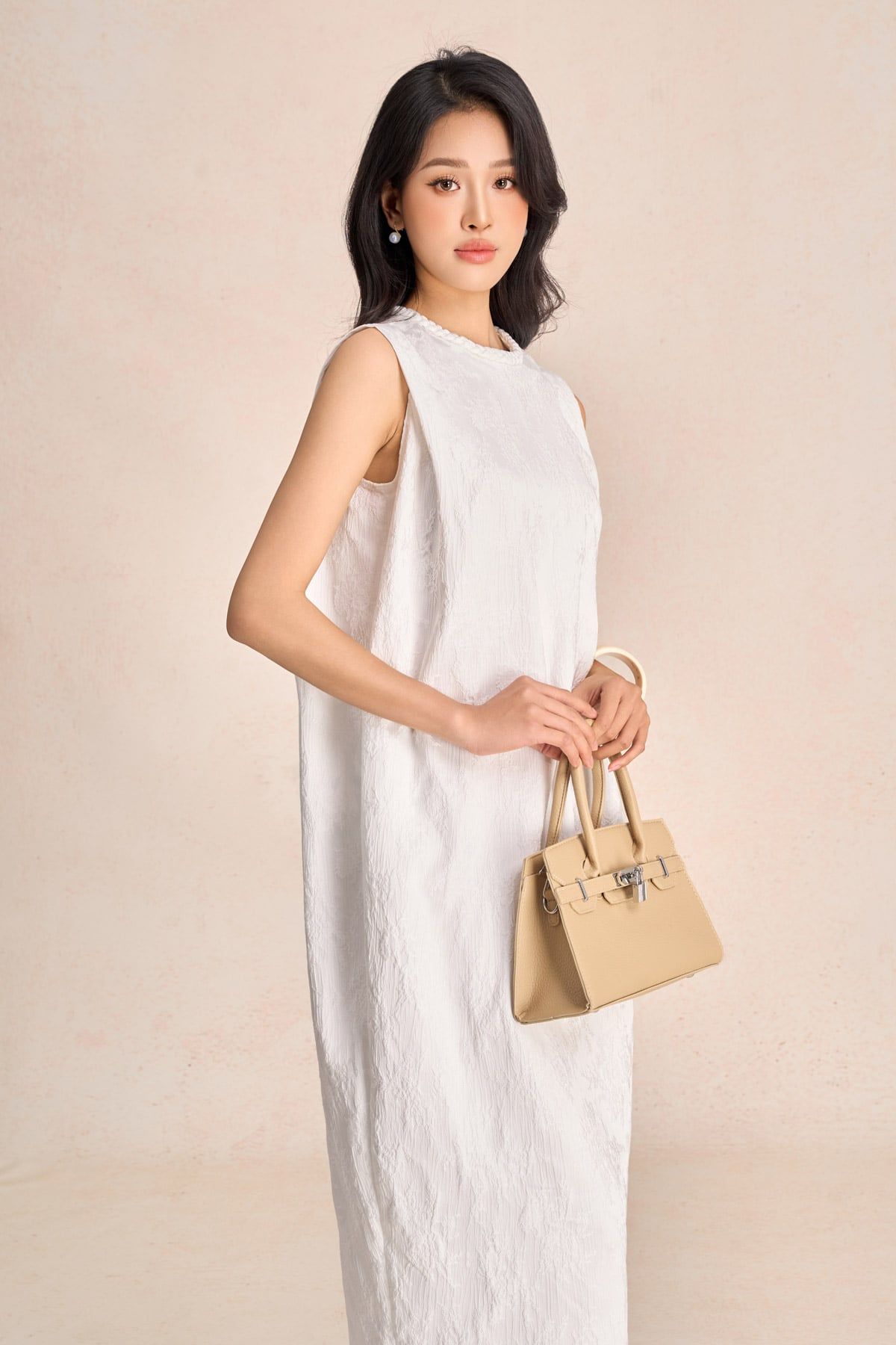 FDP73585 - Đầm dạo phố vải tafta hoa cổ tết tạo kiểu thân váy dáng suông rộng thời trang - PANTIO