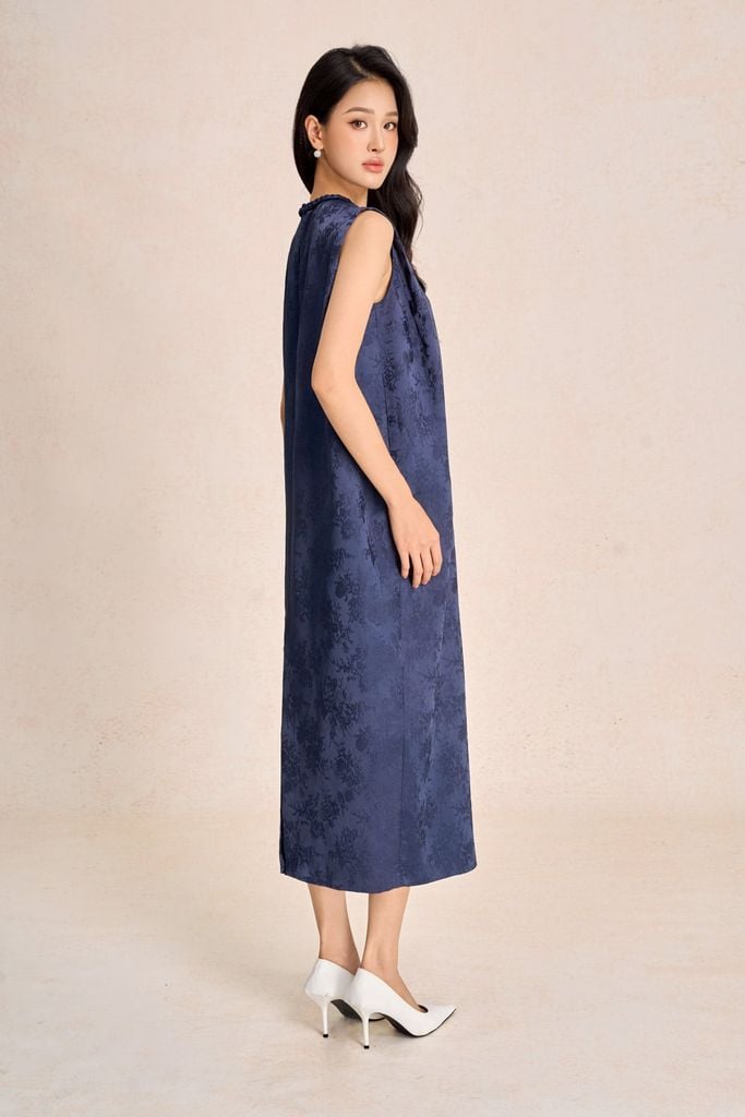 FDP73585 - Đầm dạo phố vải tafta hoa cổ tết tạo kiểu thân váy dáng suông rộng thời trang - PANTIO