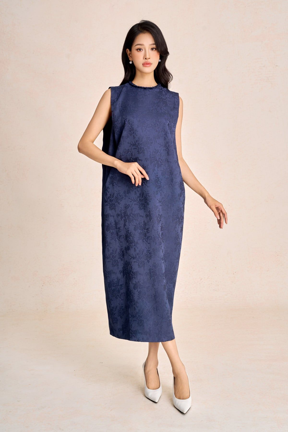 FDP73585 - Đầm dạo phố vải tafta hoa cổ tết tạo kiểu thân váy dáng suông rộng thời trang - PANTIO