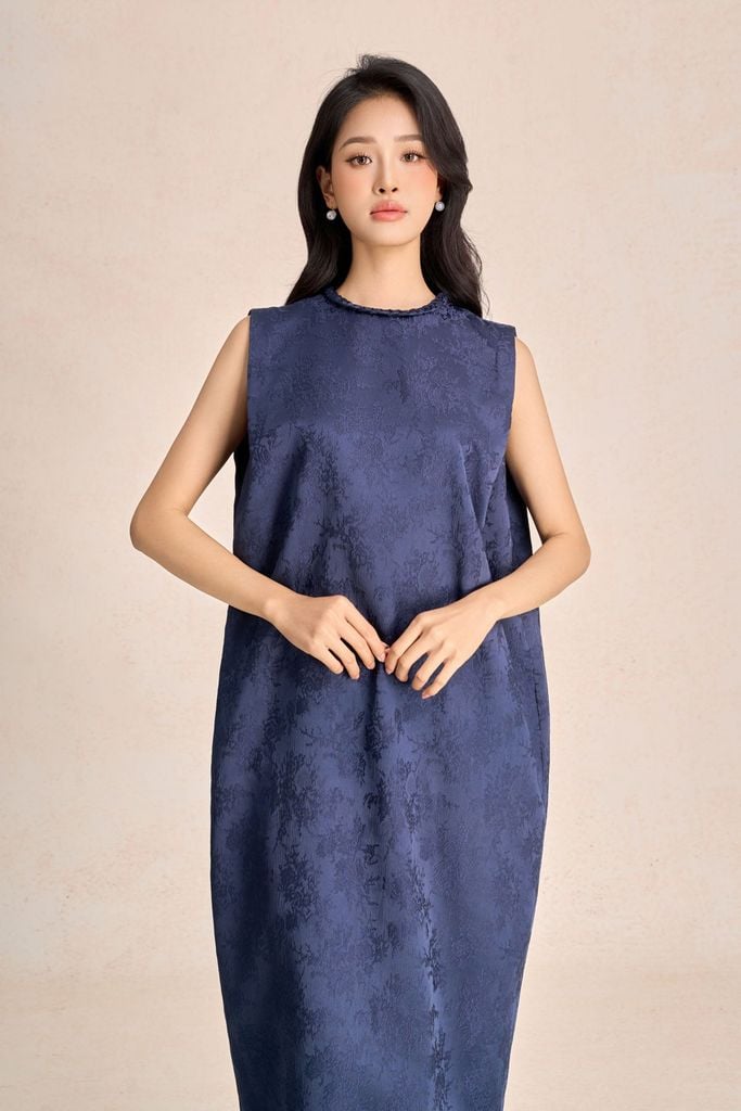 FDP73585 - Đầm dạo phố vải tafta hoa cổ tết tạo kiểu thân váy dáng suông rộng thời trang - PANTIO