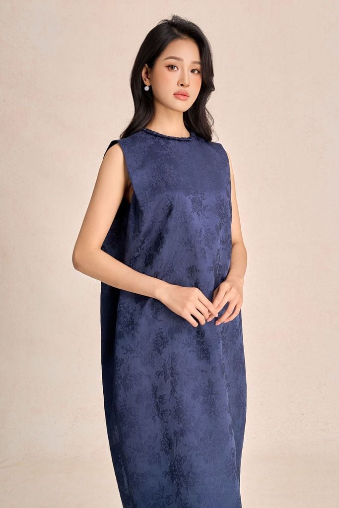 FDP73585 - Đầm dạo phố vải tafta hoa cổ tết tạo kiểu thân váy dáng suông rộng thời trang - PANTIO