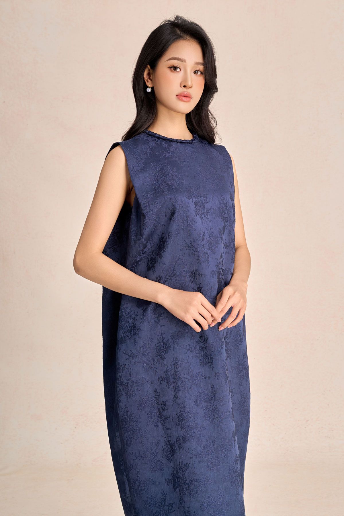 FDP73585 - Đầm dạo phố vải tafta hoa cổ tết tạo kiểu thân váy dáng suông rộng thời trang - PANTIO