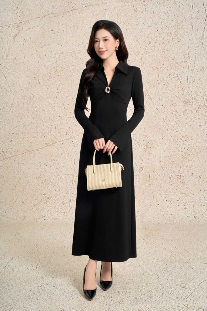 FDP73587 - Đầm dạo phố vải cotton dáng ôm cổ bẻ xẻ V ngực xoắn đính khuy tạo kiểu tay dài khoá thân sau - PANTIO