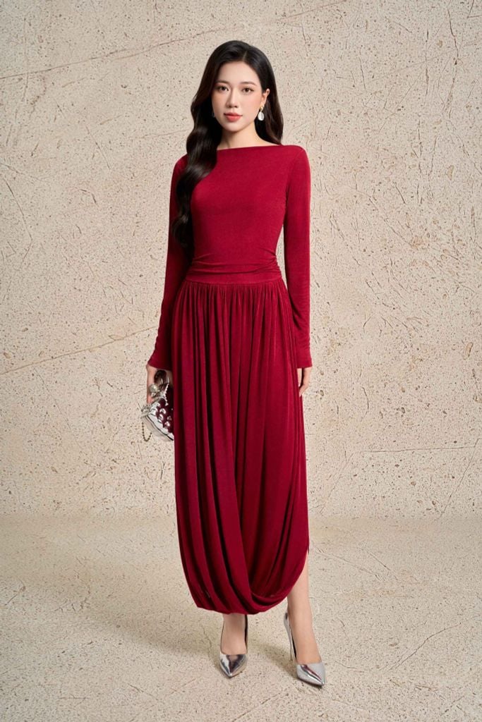 FDP73593 - Đầm dạo phố vải len dáng ôm cổ tròn tay dài thân váy xếp ly nhún cách điệu thời trang - PANTIO