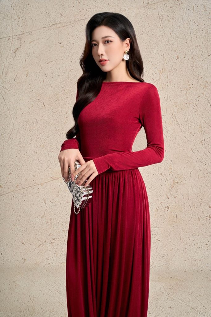 FDP73593 - Đầm dạo phố vải len dáng ôm cổ tròn tay dài thân váy xếp ly nhún cách điệu thời trang - PANTIO