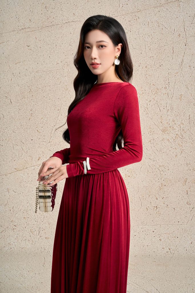 FDP73593 - Đầm dạo phố vải len dáng ôm cổ tròn tay dài thân váy xếp ly nhún cách điệu thời trang - PANTIO