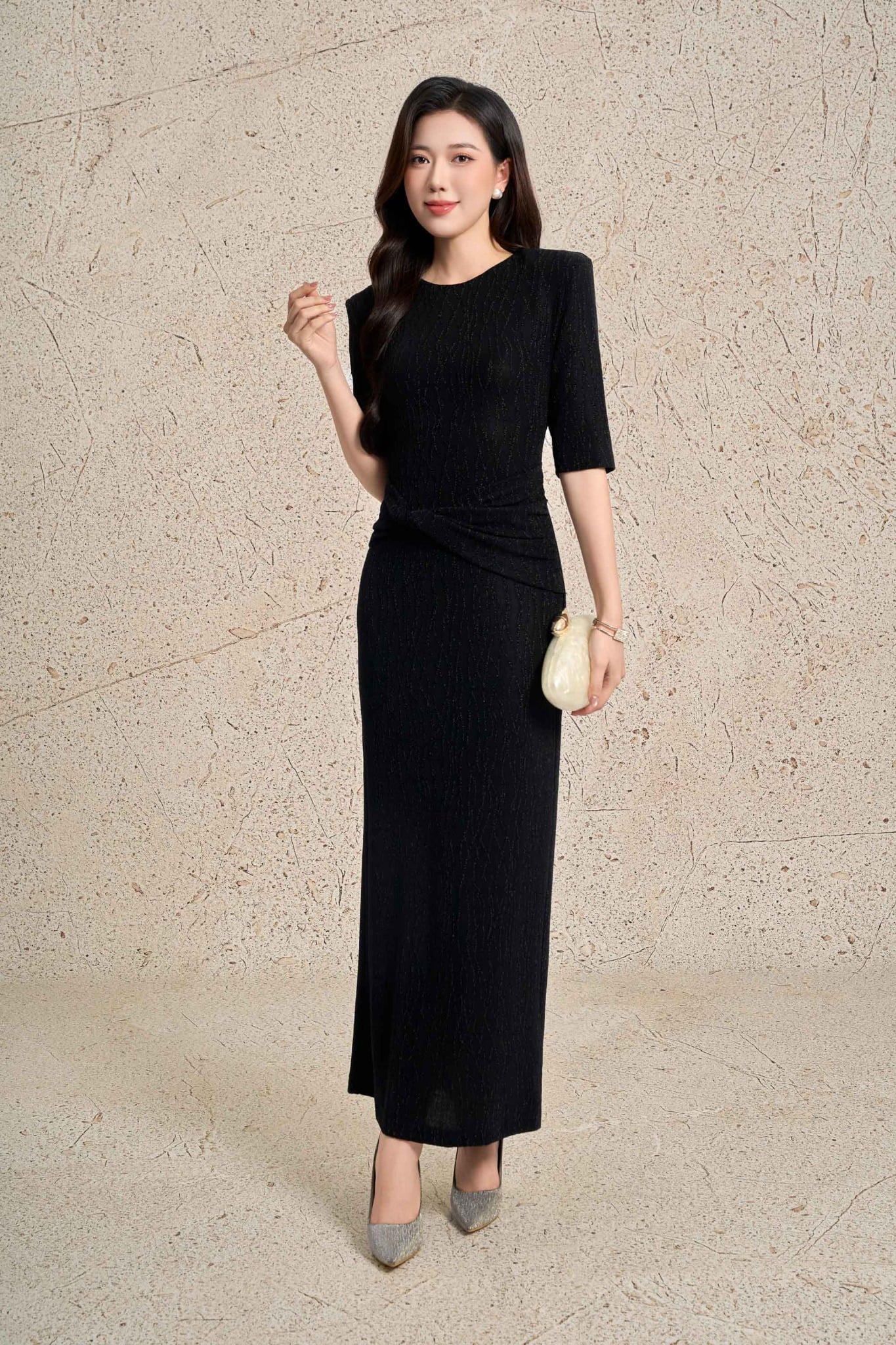 FDP73596 - Đầm dạo phố vải len nhũ dáng ôm cổ tròn tay lửng eo phối vạt thời trang - PANTIO