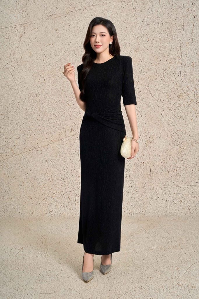 FDP73596 - Đầm dạo phố vải len nhũ dáng ôm cổ tròn tay lửng eo phối vạt thời trang - PANTIO