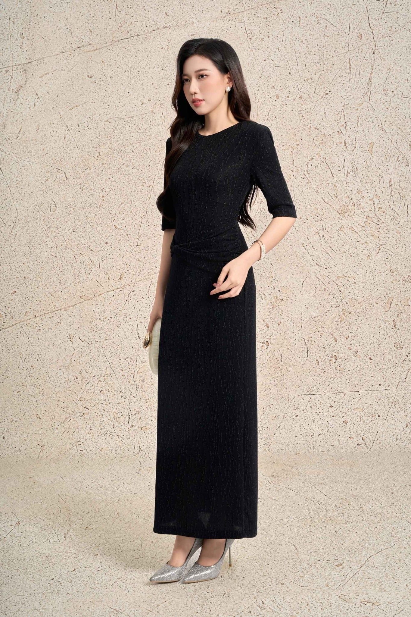 FDP73596 - Đầm dạo phố vải len nhũ dáng ôm cổ tròn tay lửng eo phối vạt thời trang - PANTIO