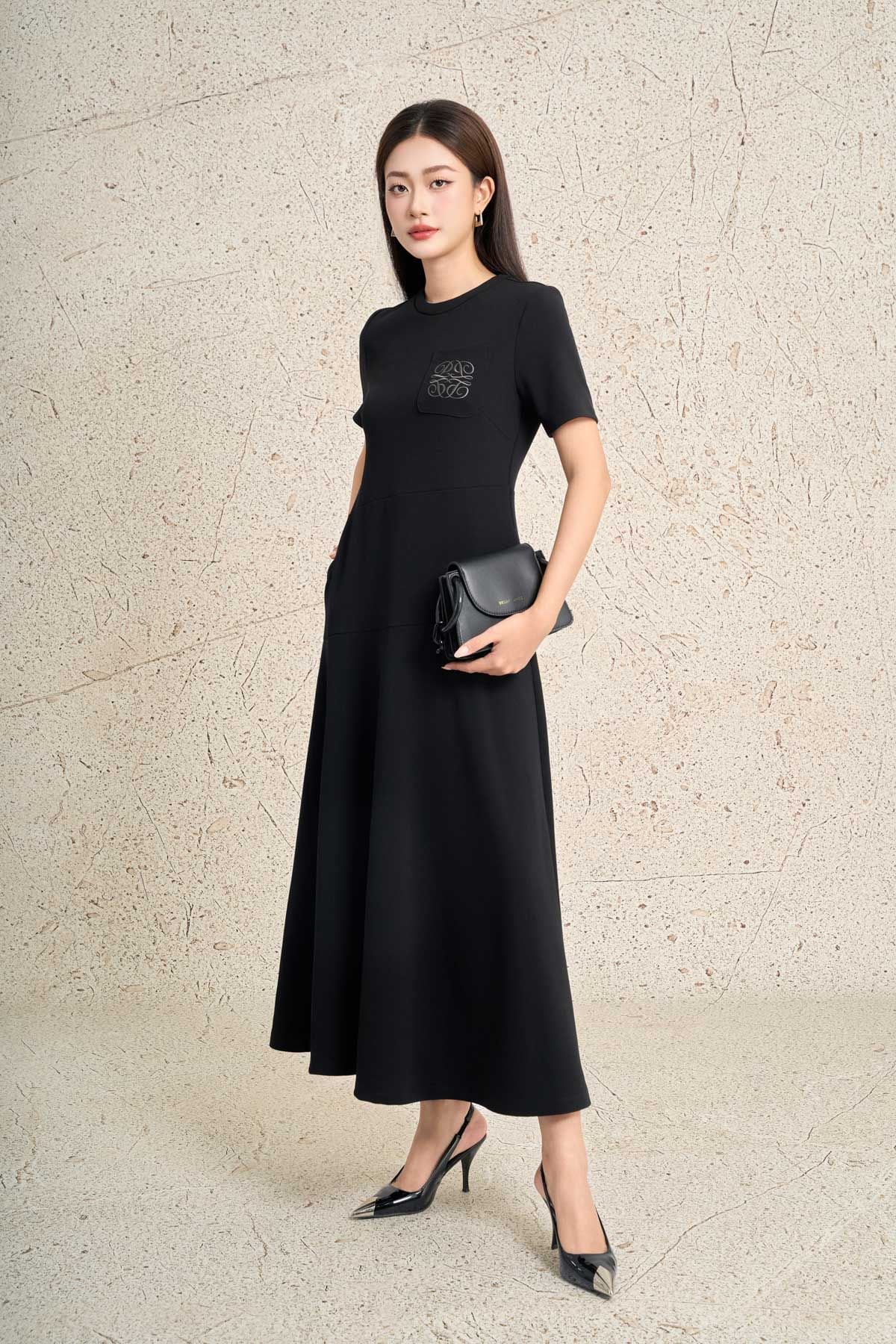 FDP73609 - Đầm dạo phố vải cotton dáng suông cổ tròn tay ngắn thân váy xếp nhún tạo ly thời trang khoá thân sau - PANTIO