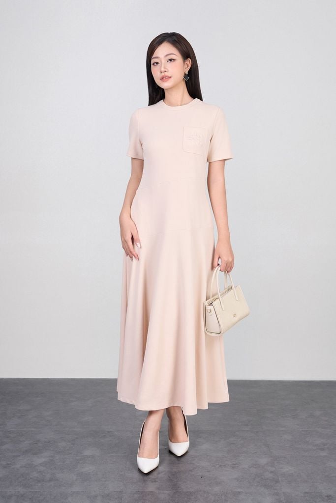 FDP73609 - Đầm dạo phố vải cotton dáng suông cổ tròn tay ngắn thân váy xếp nhún tạo ly thời trang khoá thân sau - PANTIO